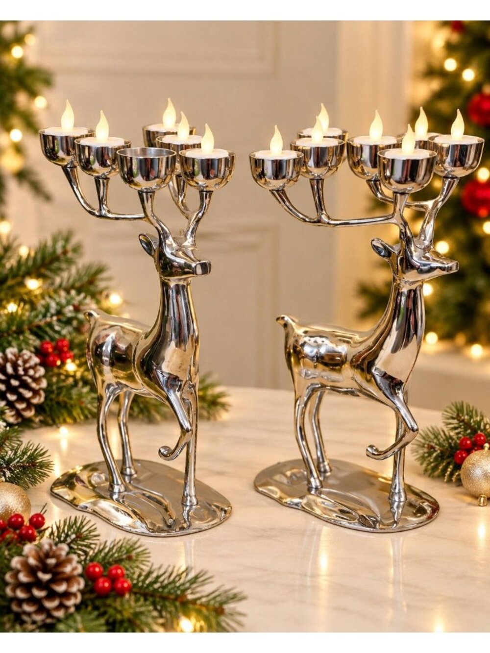 Vintage Pair Silver Tone Reindeer 6 Light Candelabra Christmas Candle Holders 14